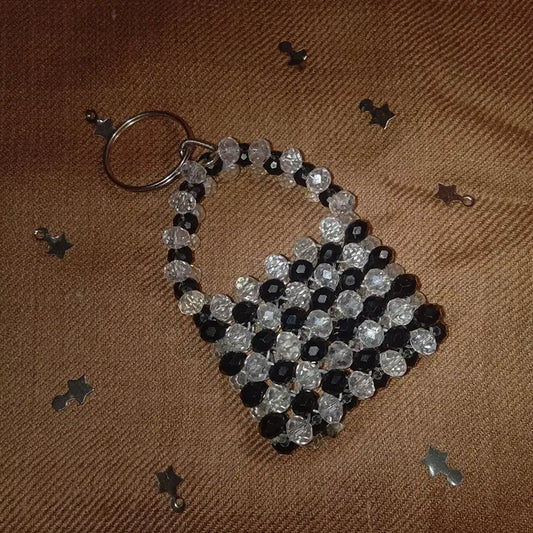 Elegant Black and White Crystal Heart Keychain – Handmade Beaded Accessory