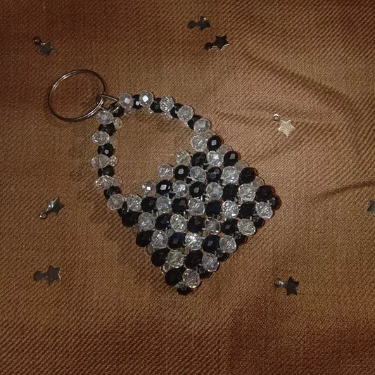Elegant Black and White Crystal Heart Keychain – Handmade Beaded Accessory