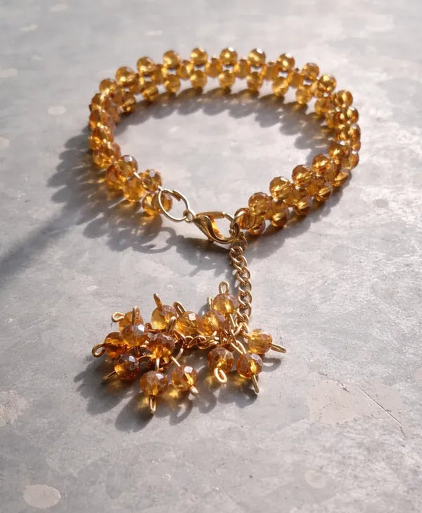Elegant Amber Crystal Charm Bracelet – Handmade Beaded Jewelry