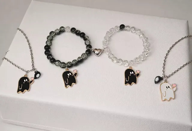 Cute Ghost Couple Necklace & Bracelet Set – Matching Aesthetic Jewelry