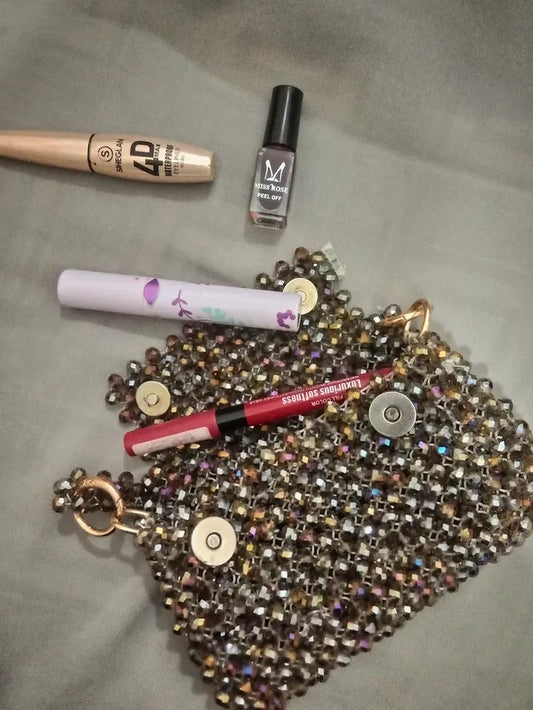 Luxury Crystal Beaded Cosmetic Pouch – Handmade Glam Accessories Bag